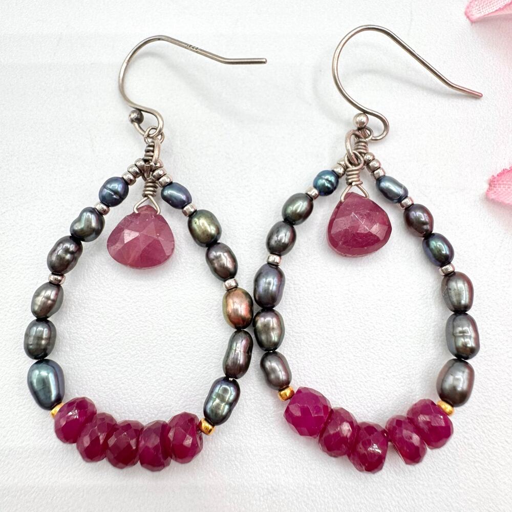 Gray Peackcock Pearl Ruby Bead Drop Hoop Dangle Earrings 925 Stamped Mermaidcore